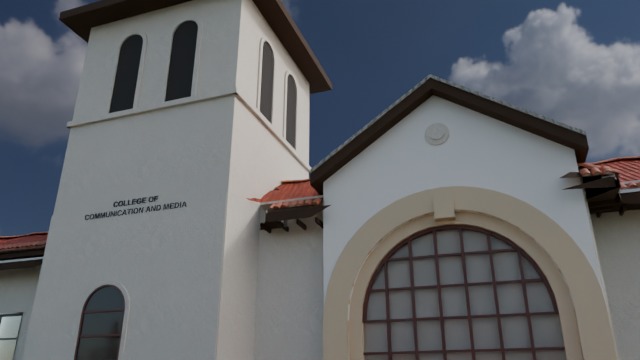 Close render of the building tower with the words College of Communication and Media and a large arched window.