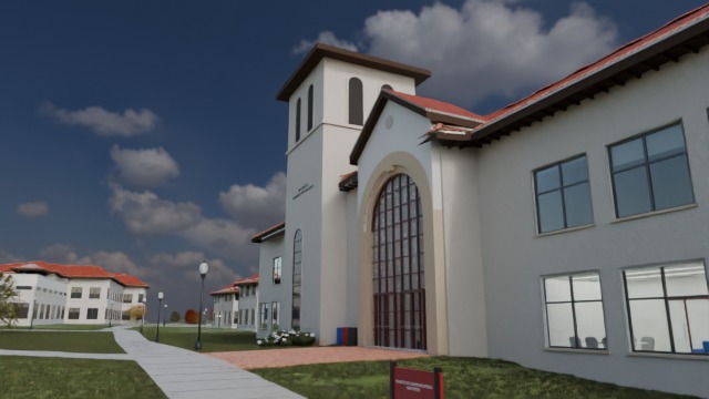 Street-level render of the building entrance, a brick path and other campus buildings in the distance.