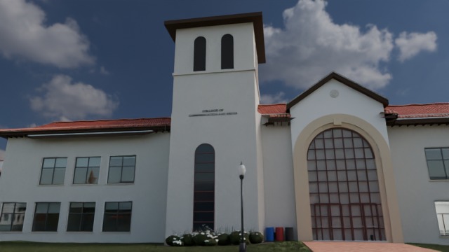 Front render of the building with its tower, arched entrance window and trash bins by the door.